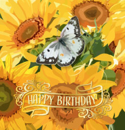 birthday card with illustrated sunflowers and a butterfly