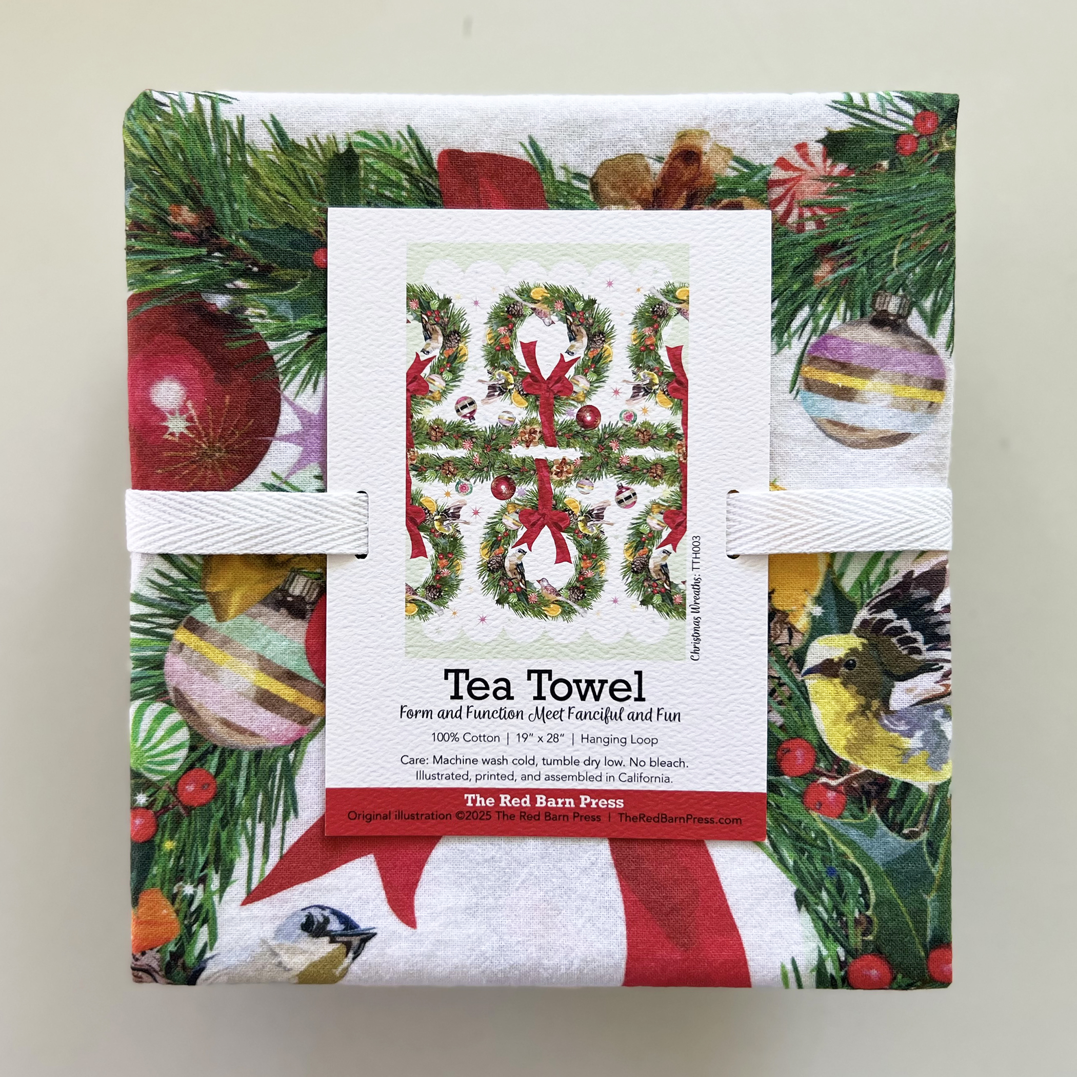 Tea Towel | Festive Christmas Wreaths with Birds! - Image 2